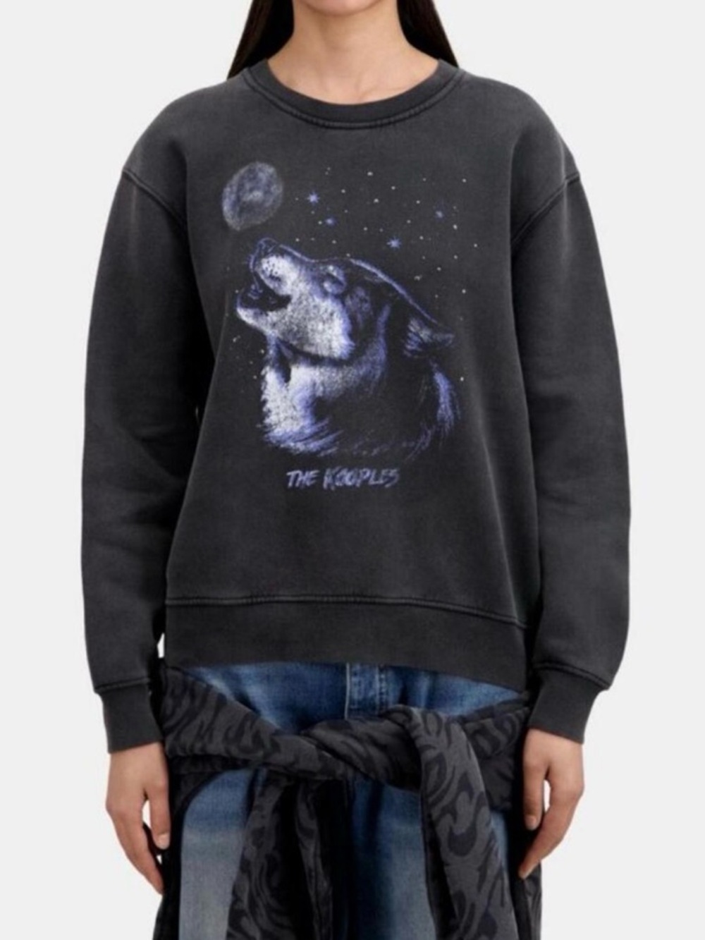 The Kooples Black Crewneck Sweater with Blue Wolf Graphic